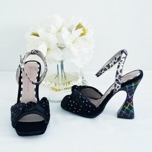 NEW Betsey Johnson Alianna Black Velvet Heels with Multicolored Rhinestones NWOB